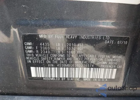 2011 Subaru Legacy 2.5I Premium из США, поврежденный, VIN 4S3BMBG63B3216574